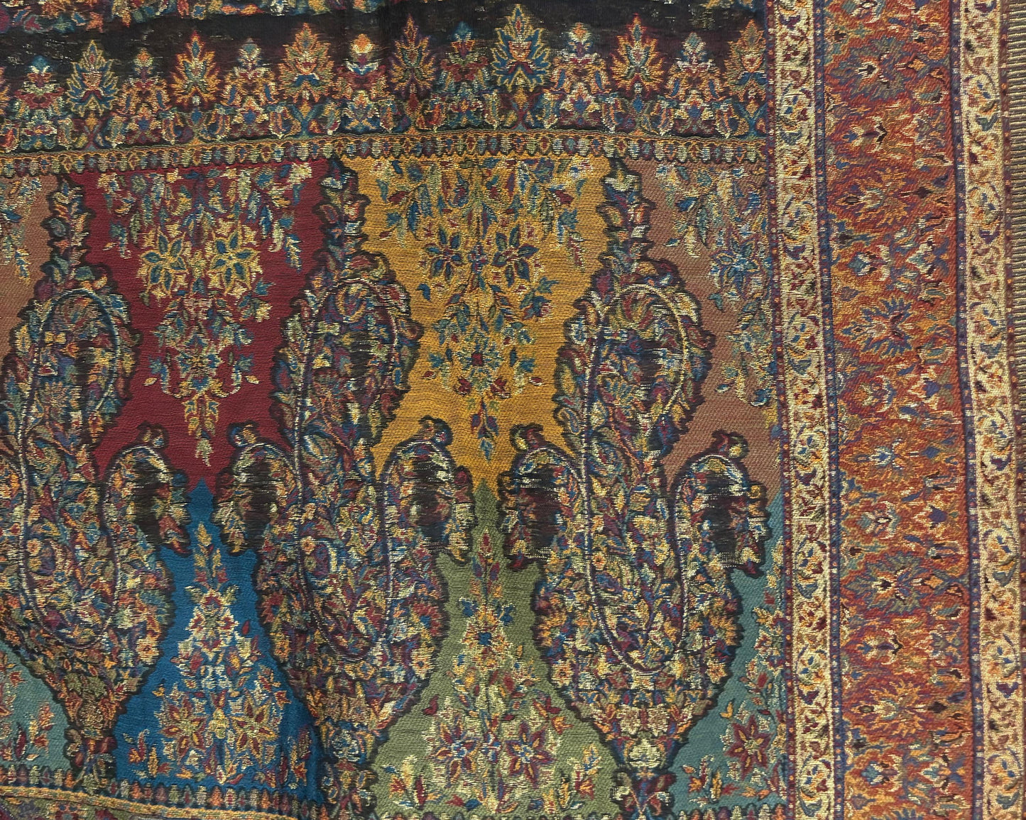 Handwoven Kashmiri Kani Silk Zari Shawl. Multicolour floral border