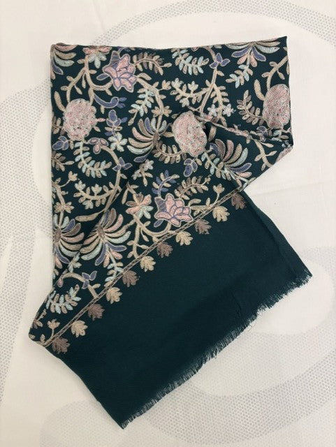 Woolen Pashmina Ar Embrodried Shawl. Lush Green