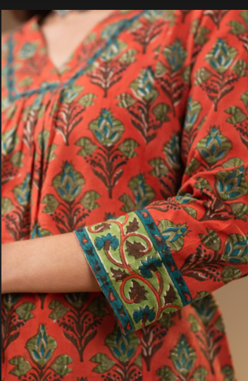 Rust Red Floral Printed Cotton Kurti | Silk Route Heritage