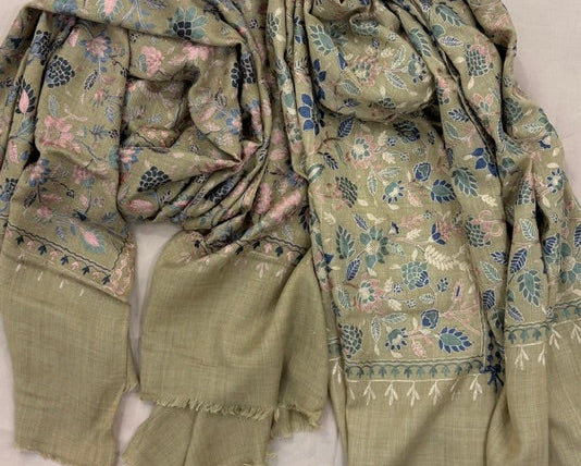 Woolen Embroidered Shawl. Sage Blue