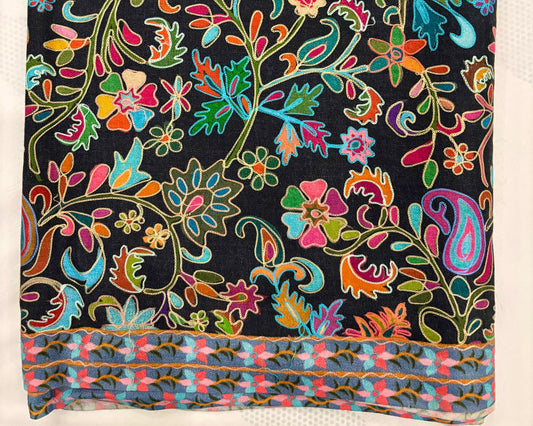 Luxury Hand-Embroidered Kashmiri Pashmina Shawl – Midnight Black Artisan Collection