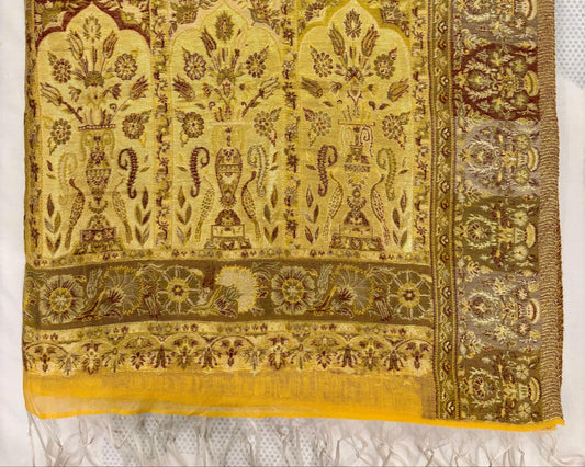 Luxury Kashmiri Kani Silk Zari Pashmina Stole – Bridal Heritage Collection. Yellow & Mustard