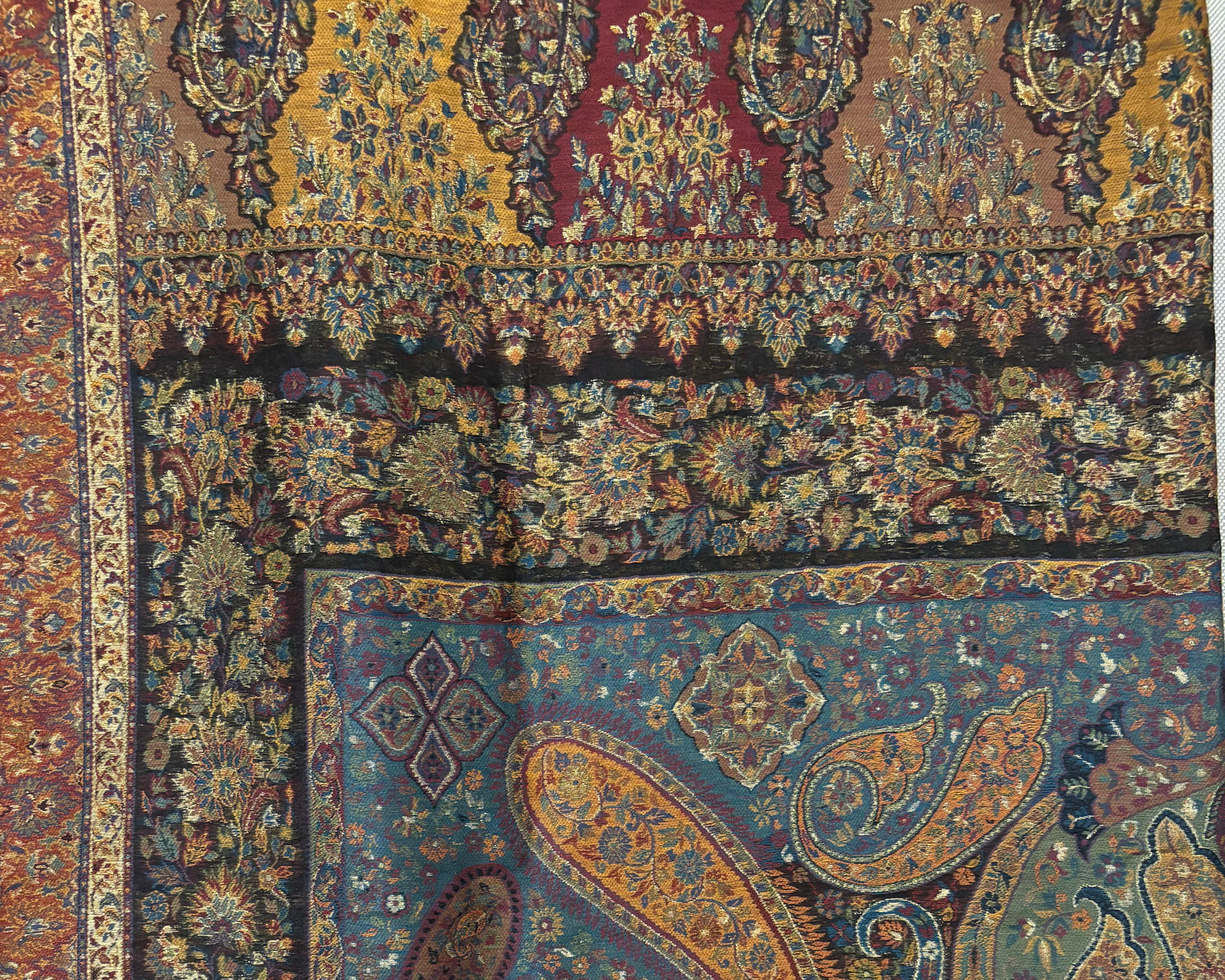 Handwoven Kashmiri Kani Silk Zari Shawl. Multicolour floral border