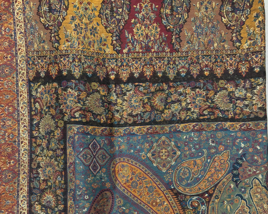 Handwoven Kashmiri Kani Silk Zari Shawl. Multicolour floral border