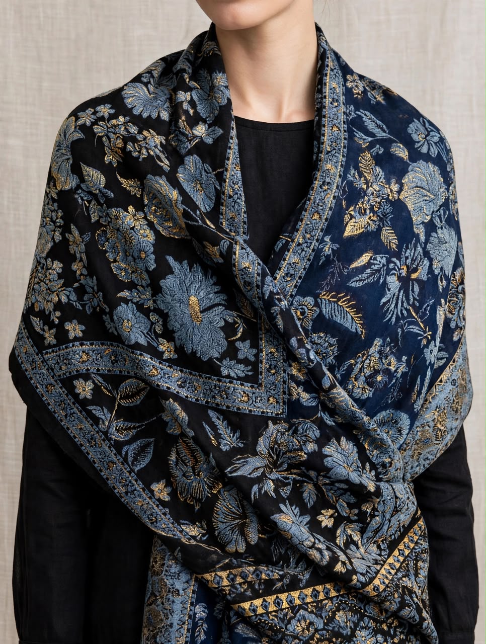 Midnight Blue Kani Silk Zari Shawl