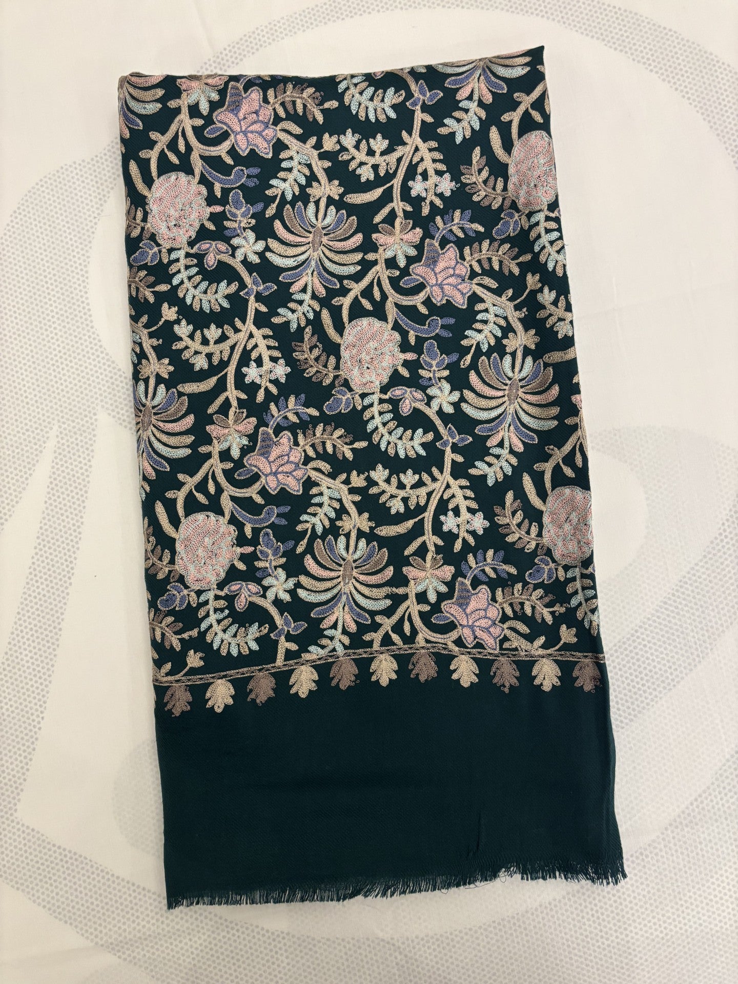 Woolen Pashmina Ar Embrodried Shawl. Lush Green