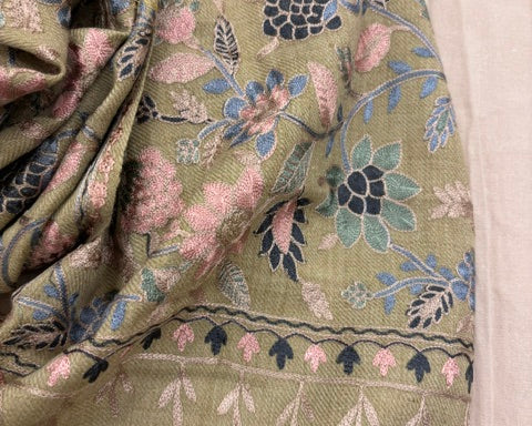 Woolen Embroidered Shawl. Sage Blue