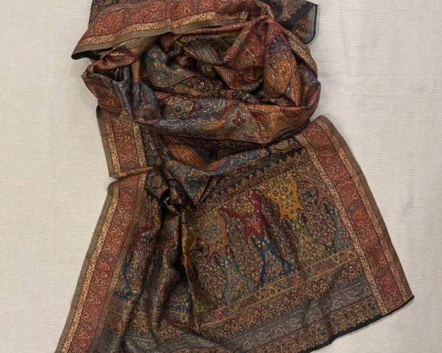 Handwoven Kashmiri Kani Silk Zari Shawl. Multicolour floral border