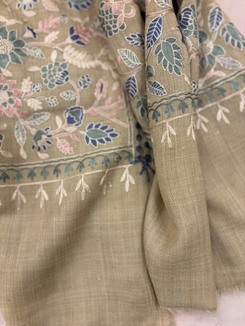 Woolen Embroidered Shawl. Sage Green