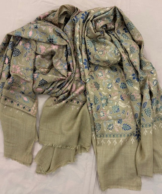 Woolen Embroidered Shawl. Sage Green