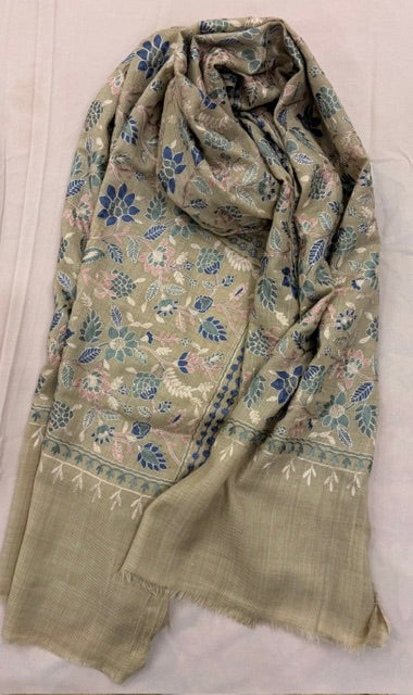 Woolen Embroidered Shawl. Sage Green